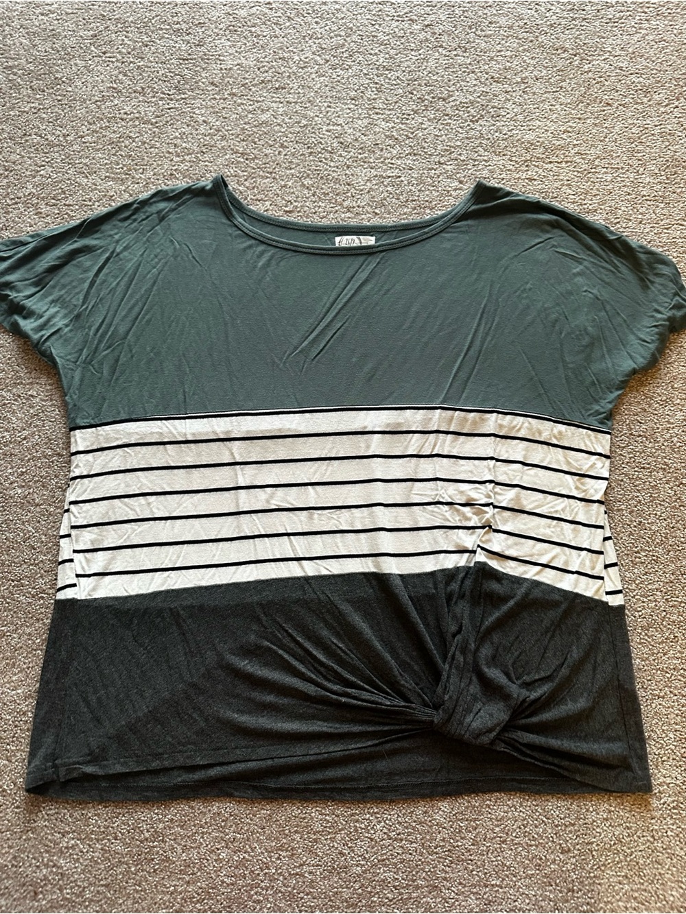Maurices Green White Black Colorblock Stripe Knot-Front Short Sleeve Top